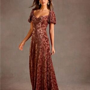 Azazie Brown Floral Maxi Dress